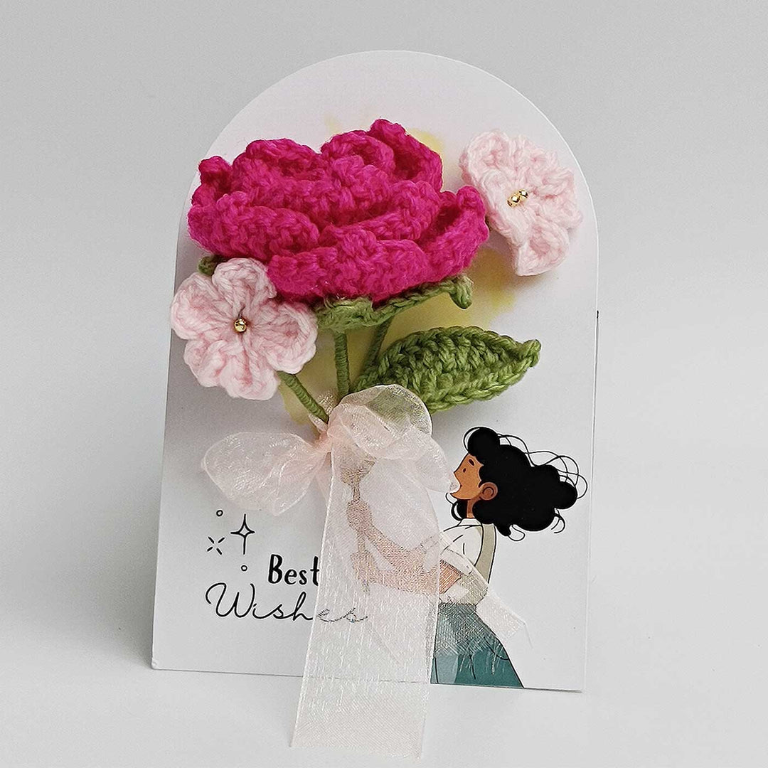 Handmade Crochet 3D Pink Rose Greeting Card