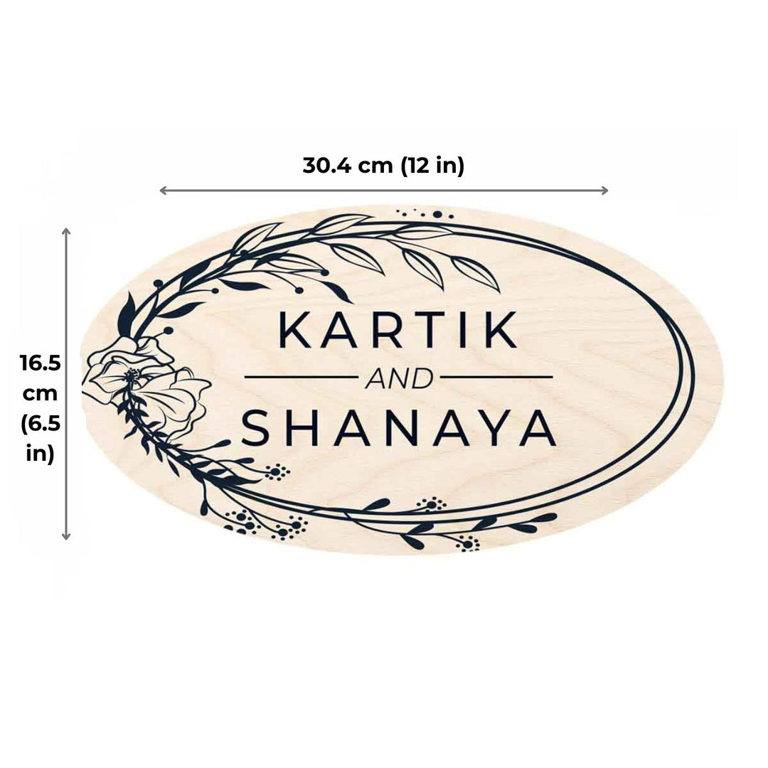 Printed Floral Wooden Oval Nameplate For Couples