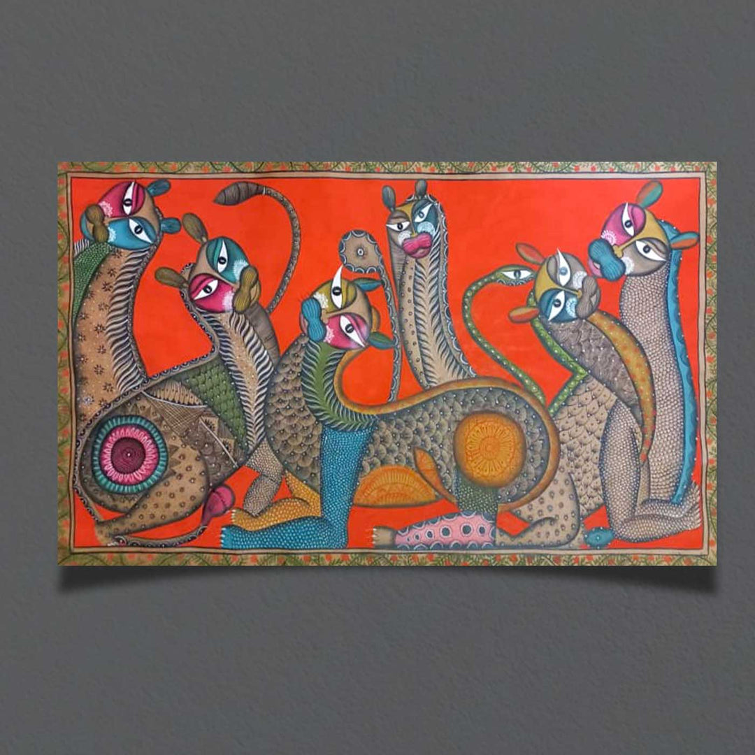29 x 48 Inch | Cat Family | Original Hand Painted Kalighat Painting | Natural Pigment On Paper