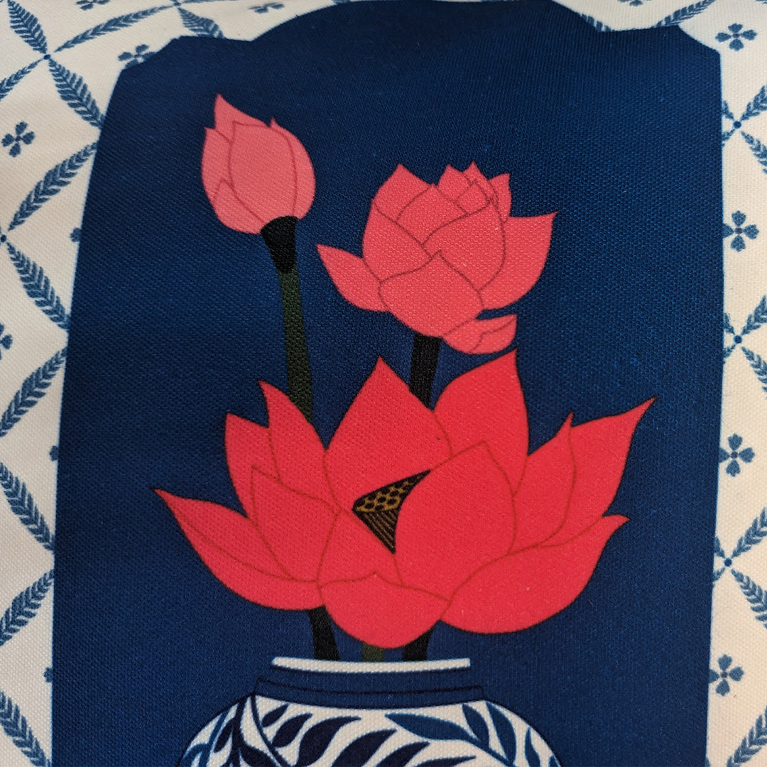 16 Inch | Printed Lotus Blue Pottery Cushion Cover