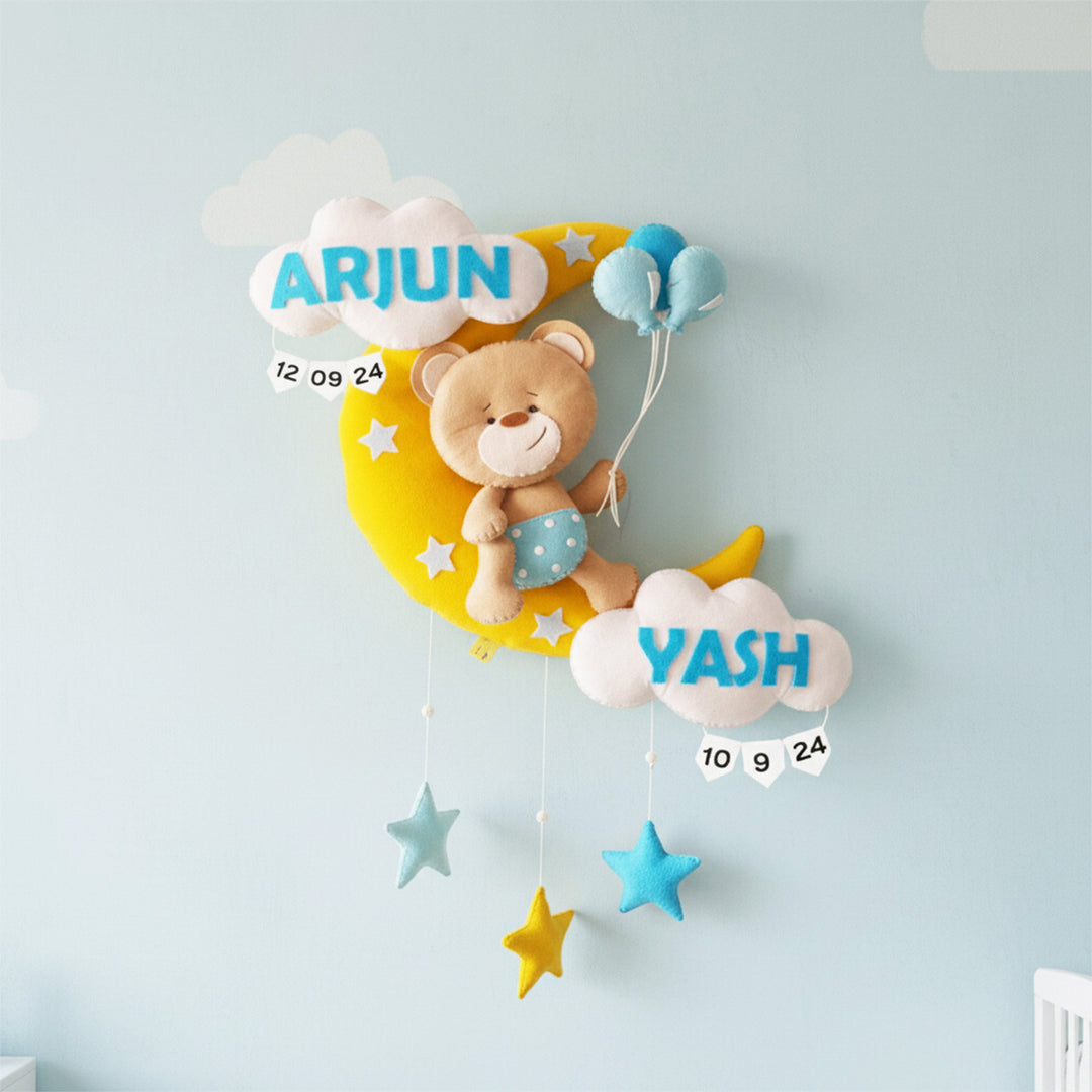 Hand-stitched Teddy Themed Felt Moon Nameplate with Birthdate For Kids