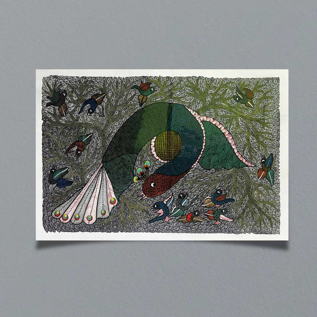 15 x 22 Inch | Life Beneath the Canopy | Original Hand Painted Tribal Gond Art Painting | Acrylic Paints On Paper