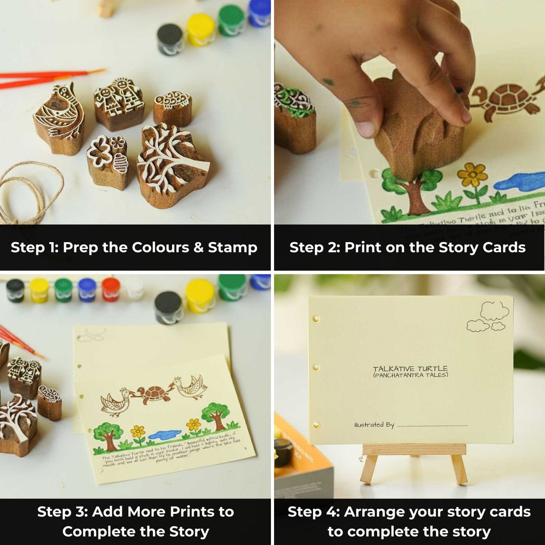 The Elephants and Hare Panchatantra Block Printing DIY Kit | 5 Stamps, Poster Colours, Painting Brush, Printing Pads, Story Cards  And Jute String