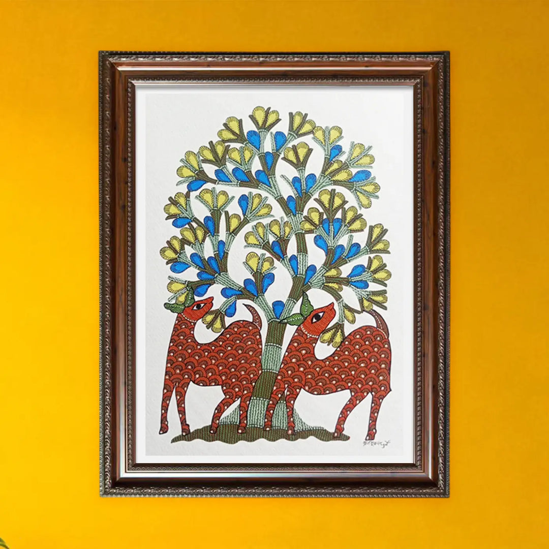 11 x 16 Inch | Two Deer Under Tree | Original Hand Painted Tribal Gond Art Painting | Acrylic Paint On Paper