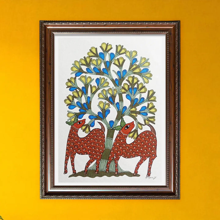 11 x 16 Inch | Two Deer Under Tree | Original Hand Painted Tribal Gond Art Painting | Acrylic Paint On Paper