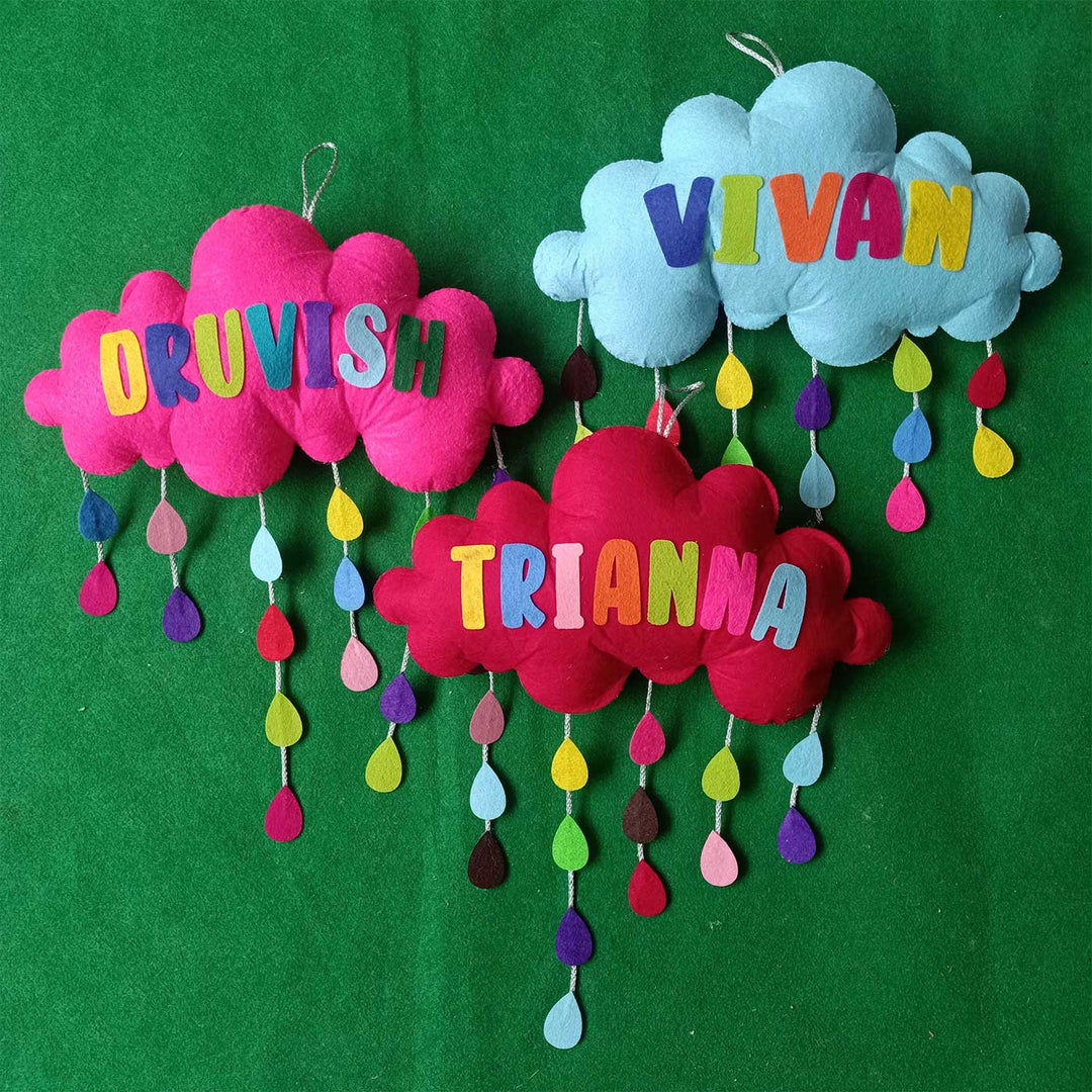Personalized Handmade Cloud with Raindrops Felt Kids Name Plate