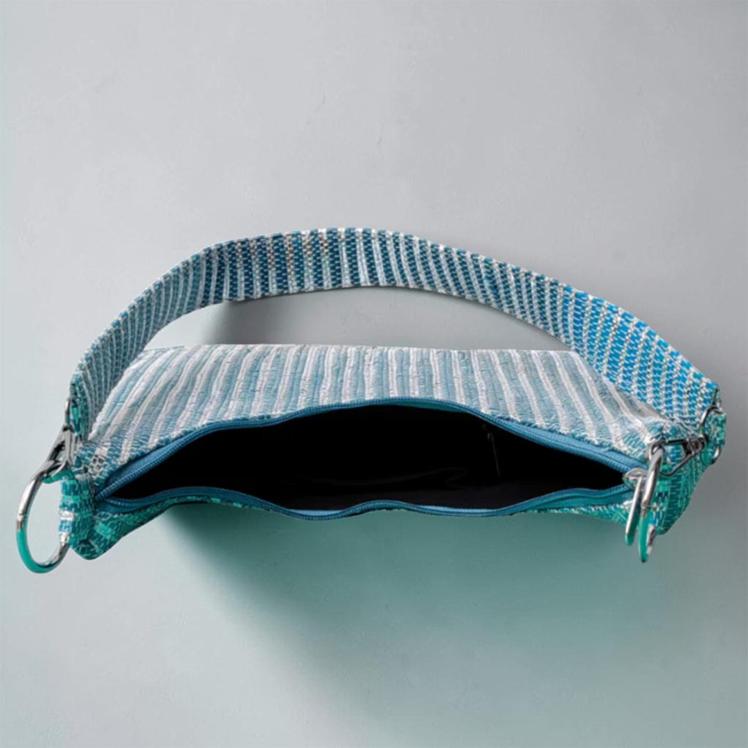 Blue and White Striped Upcycled Plastic Handcrafted Baguette Handbag