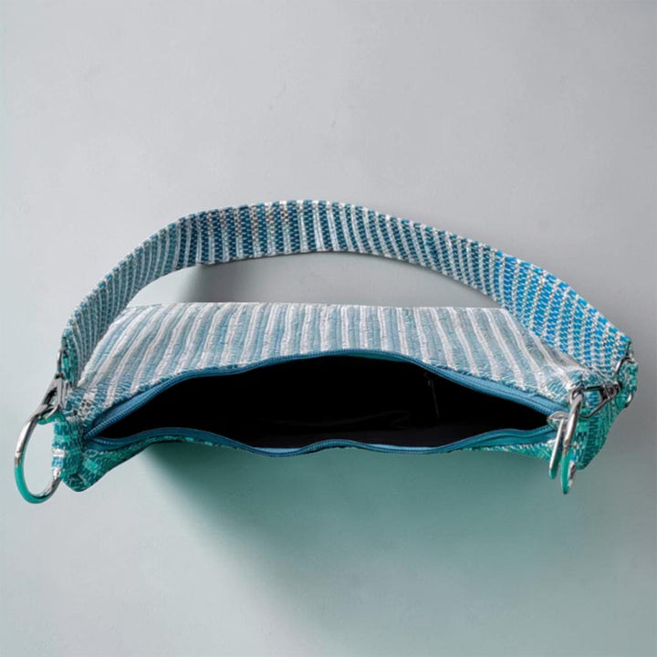 Blue and White Striped Upcycled Plastic Handcrafted Baguette Handbag