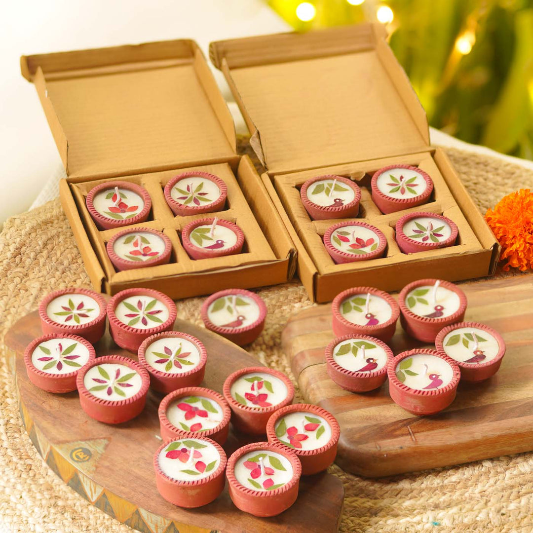 24 Diyas | Handmade Soy Wax & Dry Flower Festive Diyas | 6 Boxes, 4 Diyas per Box