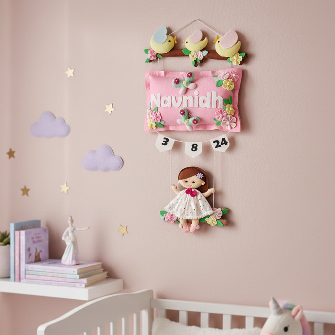 Hand-stitched Pillow & Bird Themed Felt Kids Nameplate with Swing