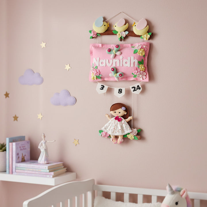 Hand-stitched Pillow & Bird Themed Felt Kids Nameplate with Swing