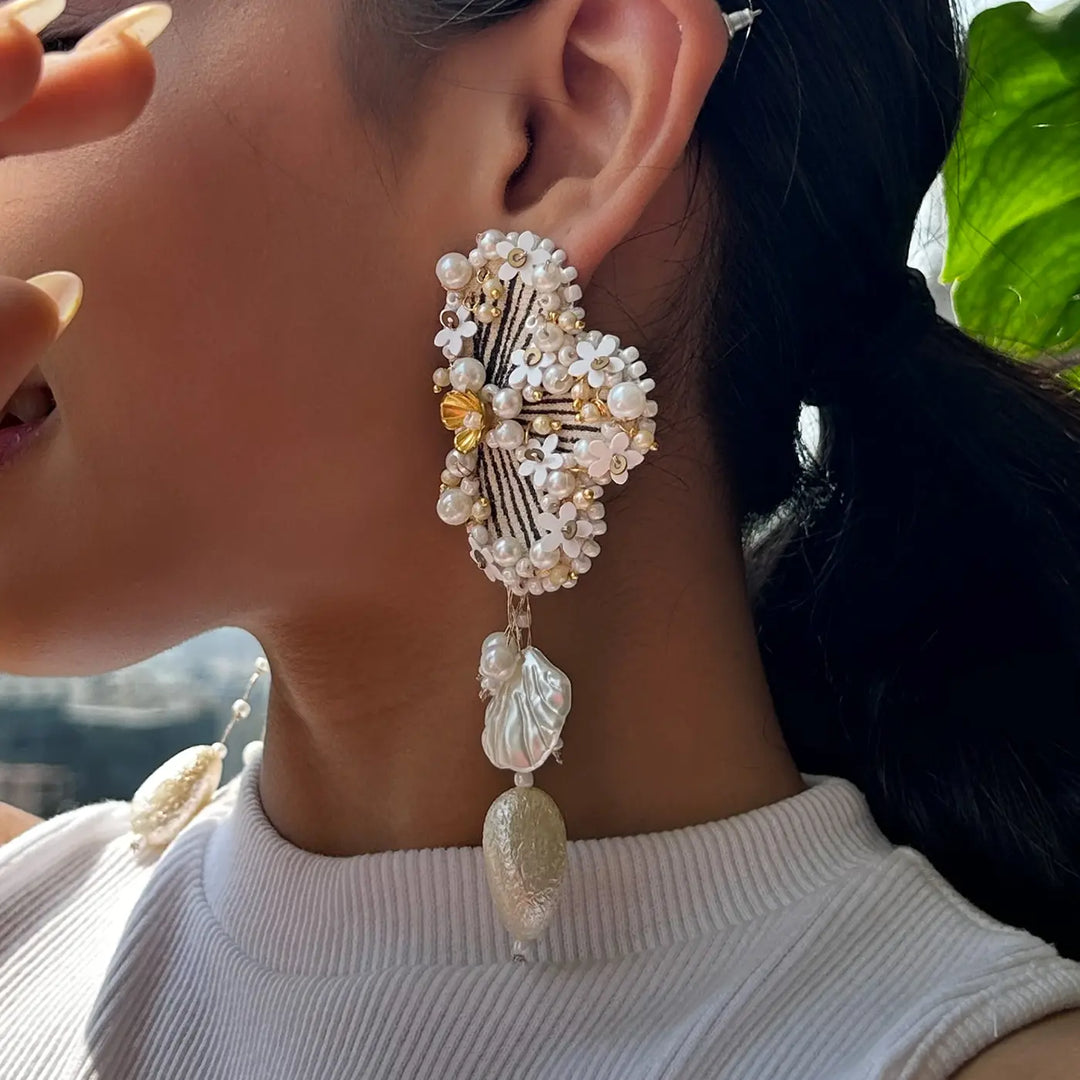 Hand Embroidered Beaded White Regal Heritage Theme Gajra Style Cotton Earrings