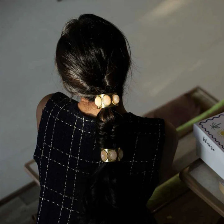 Statement Rose Quartz & 18k Gold Plated Brass Ponytail Cuff Hair Tie