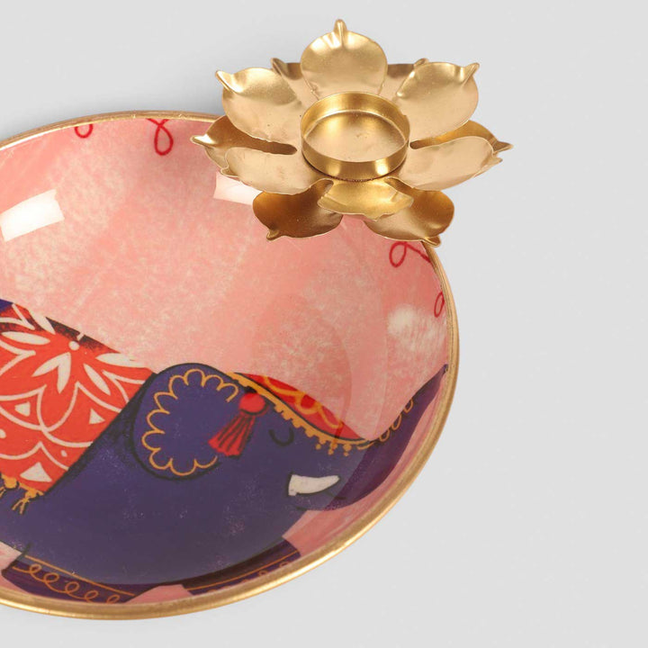 Handmade Meena Enamel Elephant Urli With Floral Tealight Holder For Festive Decor