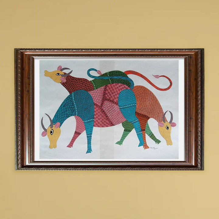 15 x 22 Inch | Group of Cows | Original Hand Painted Tribal Gond Art Painting | Acrylic Paints On Paper