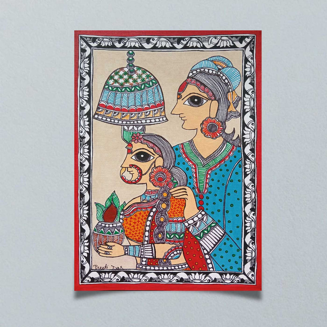 11 x 8 Inch | Dulha Dulhan | Original Hand Painted Madhubani Painting | Nib Acrylic On Paper