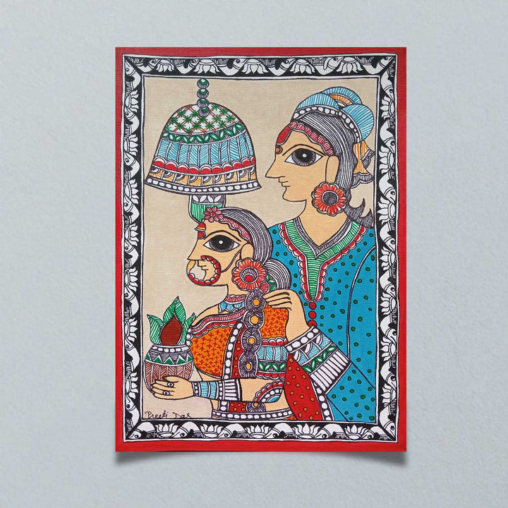 11 x 8 Inch | Dulha Dulhan | Original Hand Painted Madhubani Painting | Nib Acrylic On Paper