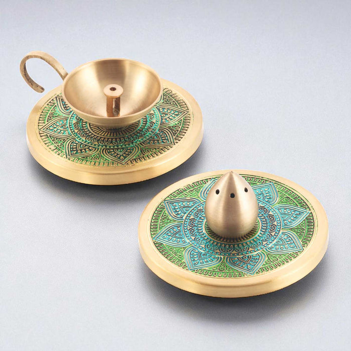 Hand-Painted Vrinda Brass Gift Hamper | Includes 1 Diya, 1 Incense Holder And 1 Gift Box