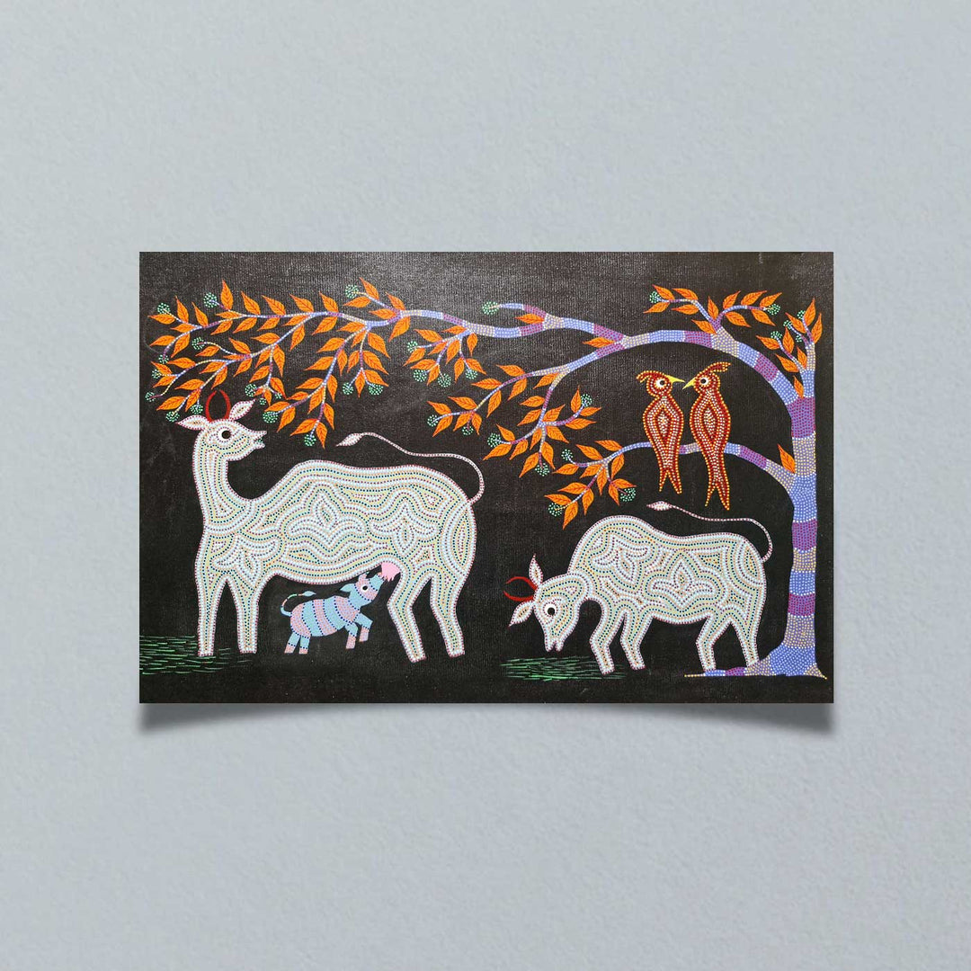 18 x 30 Inch | Cow Family | Original Hand Painted Bhill Painting | Acrylic Paints On Canvas