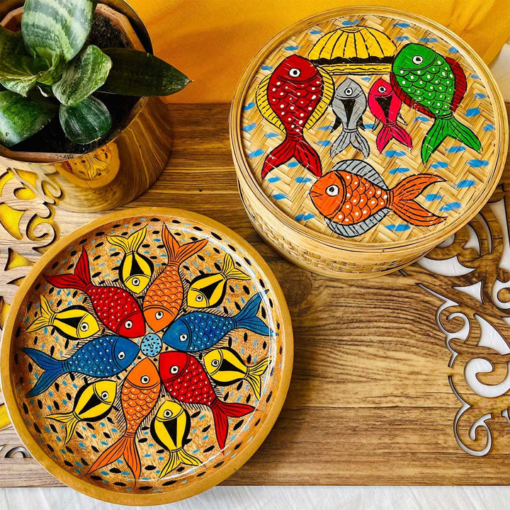 Hand-Painted Pattachitra Leher Wooden Hamper | Set Of 2