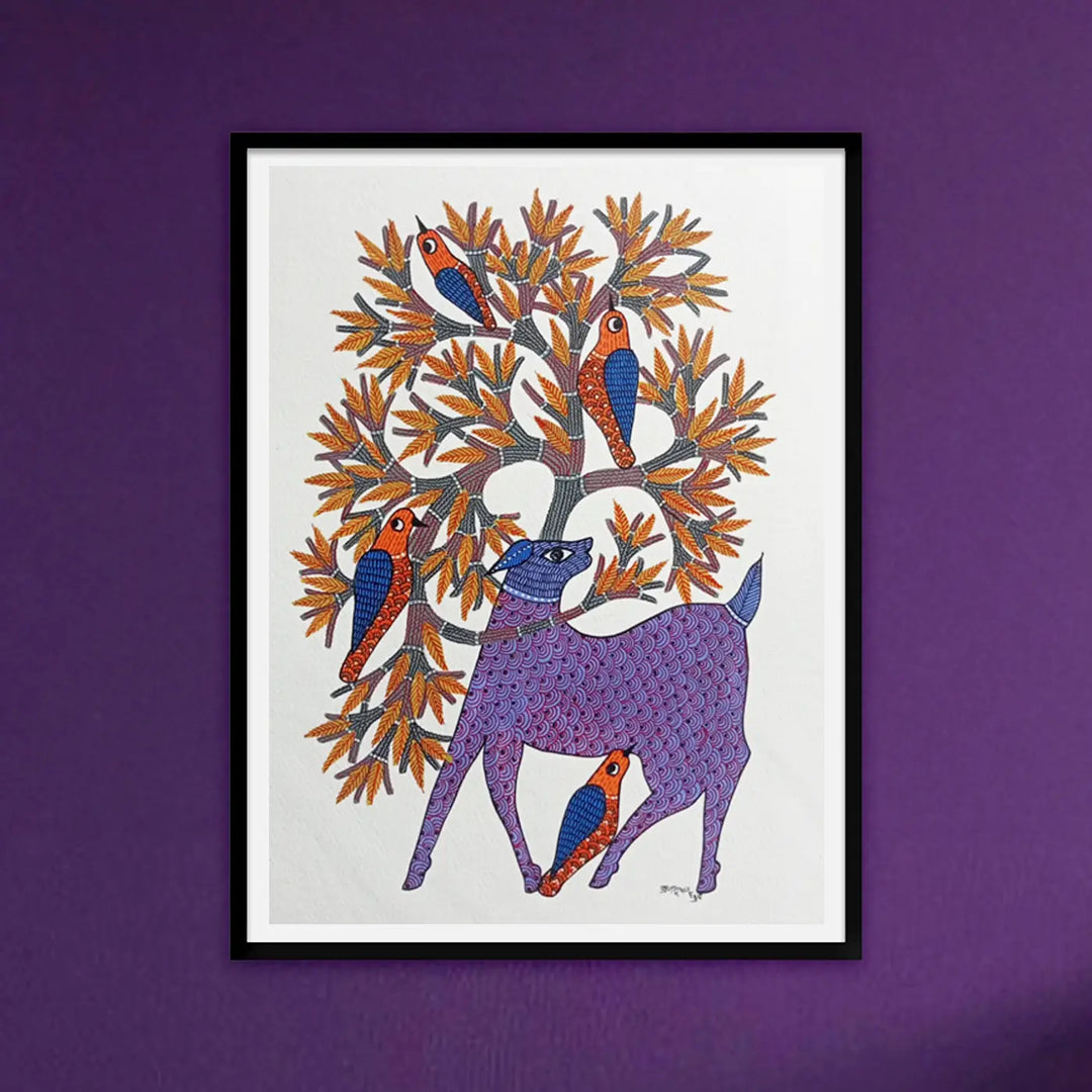 11 x 16 Inch | Wildlife & Birds Under Tree | Original Hand Painted Tribal Gond Art Painting | Acrylic Paint On Paper