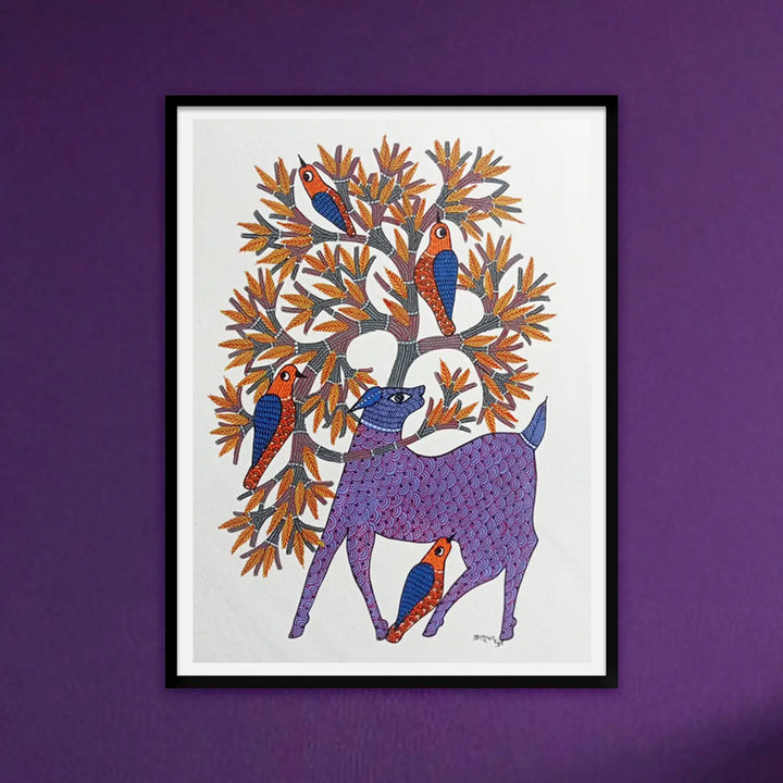 11 x 16 Inch | Wildlife & Birds Under Tree | Original Hand Painted Tribal Gond Art Painting | Acrylic Paint On Paper