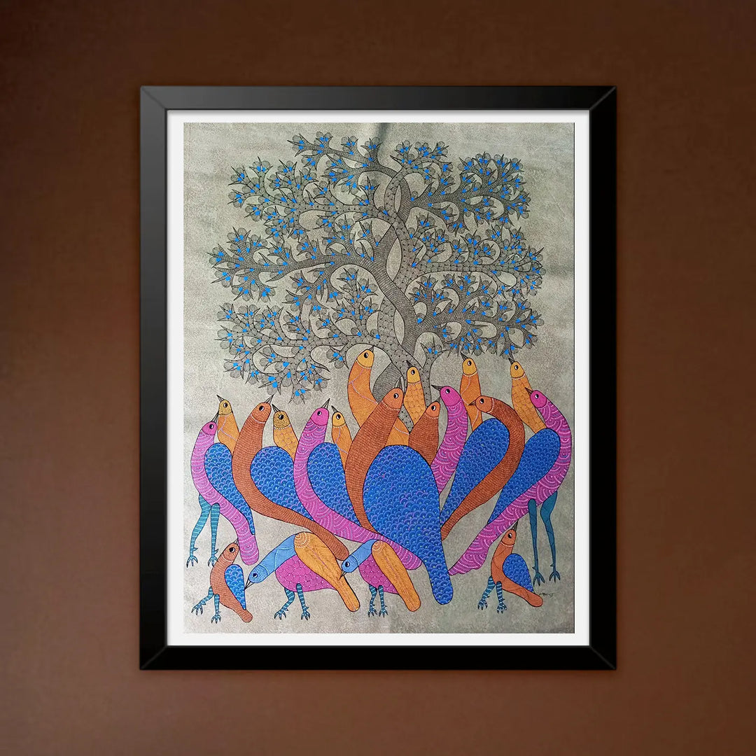 30 x 42 Inch | The Meeting Place | Original Hand Painted Tribal Gond Art Painting | Acrylic Paint On Canvas
