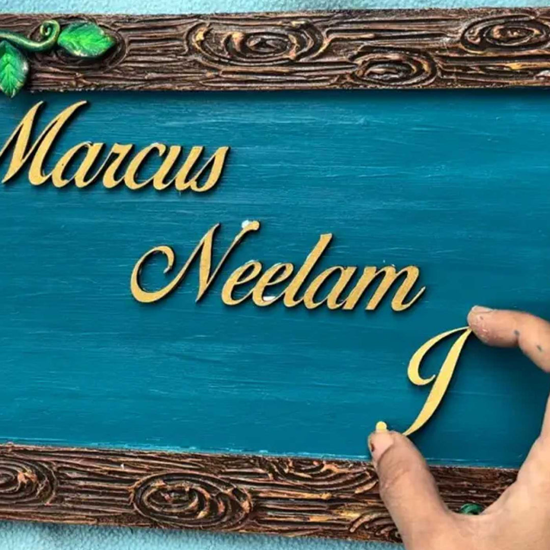 "Blossom on Wood" Personalized Blue Wooden Name Plate With Flower Motif For Home