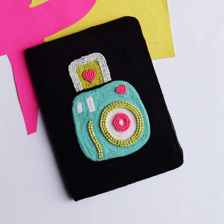 Handmade Embroidered Camera Design Velvet Passport Cover
