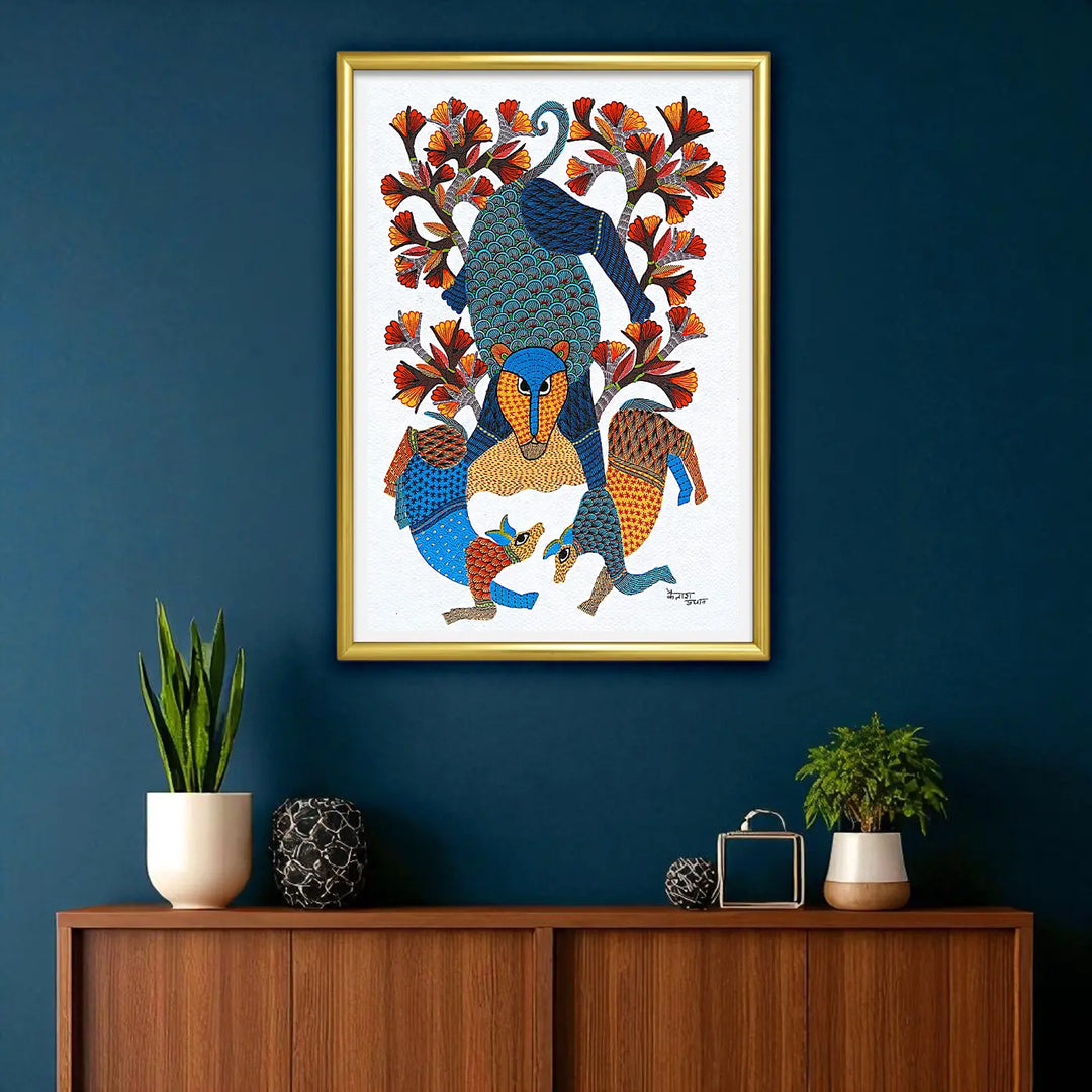 11 x15 Inch | Lion & Deer | Original Hand Painted Tribal Gond Art Painting | Acrylic Paints On Paper