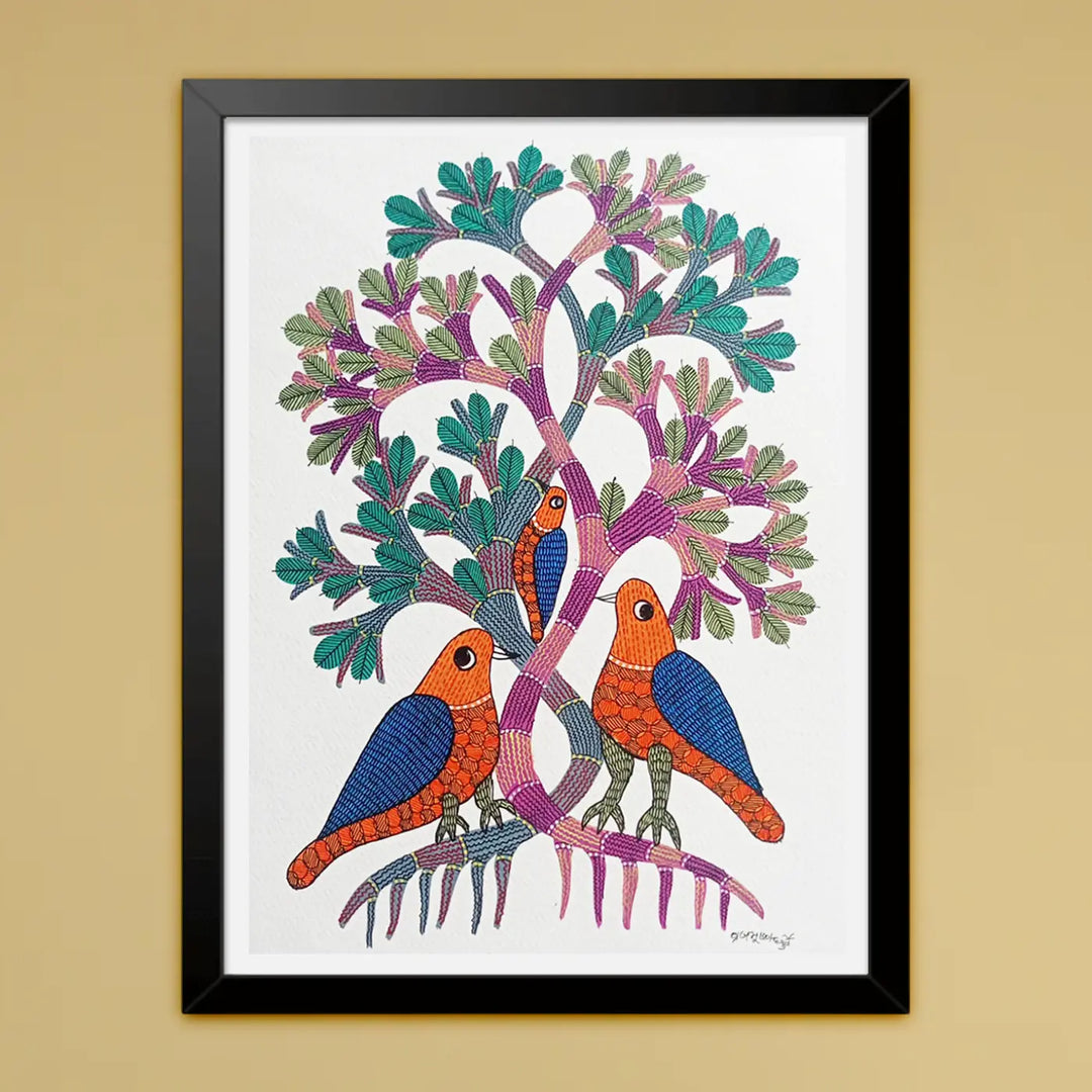 11 x 16 Inch | 3 Birds on Tree | Original Hand Painted Tribal Gond Art Painting | Acrylic Paint On Paper