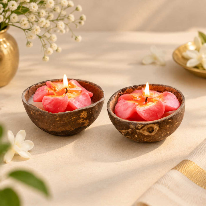 Set Of 2 | "Hibiscus" Handmade Soy Wax Scented Coconut Shell Candle For Home Decor