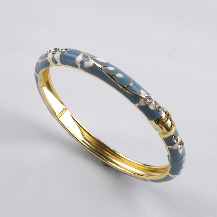 Handcrafted Floral Enamel Crystal Studded 18K Gold Plated Stainless Steel Openable Bangle - Sky Blue
