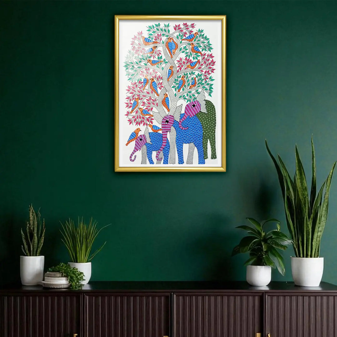 24 x 36 Inch | Elephant & Bird | Original Hand Painted Tribal Gond Art Painting | Acrylic Paint On Canvas