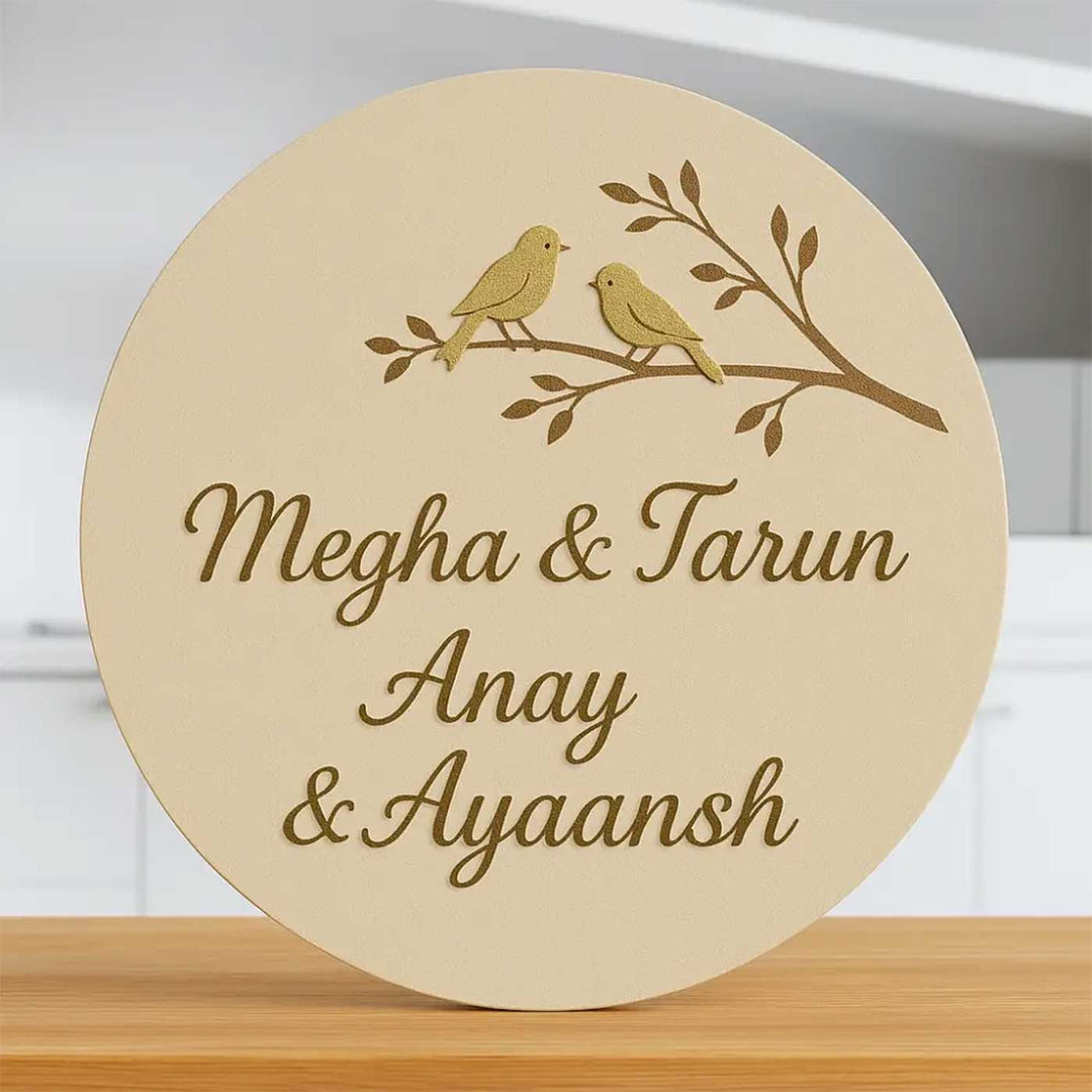 "Bird on Branch" Personalized Round Wooden Name Plate For Home