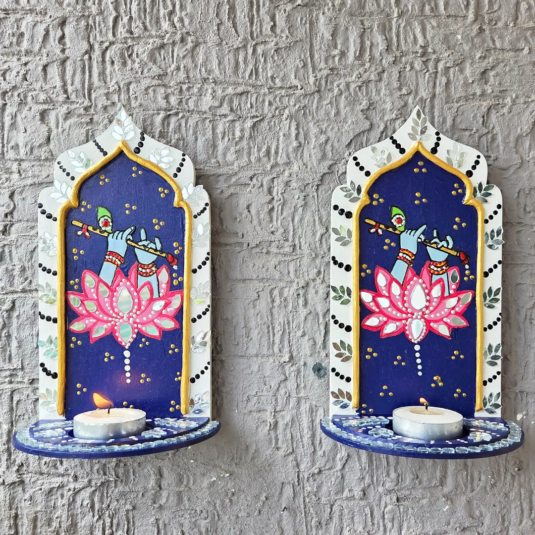 Hand-Painted Mirror Work Murli Manohar Jharokha Tealight Holder | Set Of 2