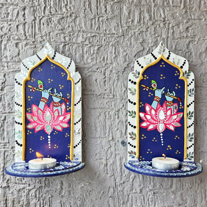 Hand-Painted Mirror Work Murli Manohar Jharokha Tealight Holder | Set Of 2