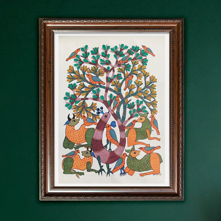 24 x 36 Inch | Tree of Coexistence | Original Hand Painted Tribal Gond Art Painting | Acrylic Paint On Canvas
