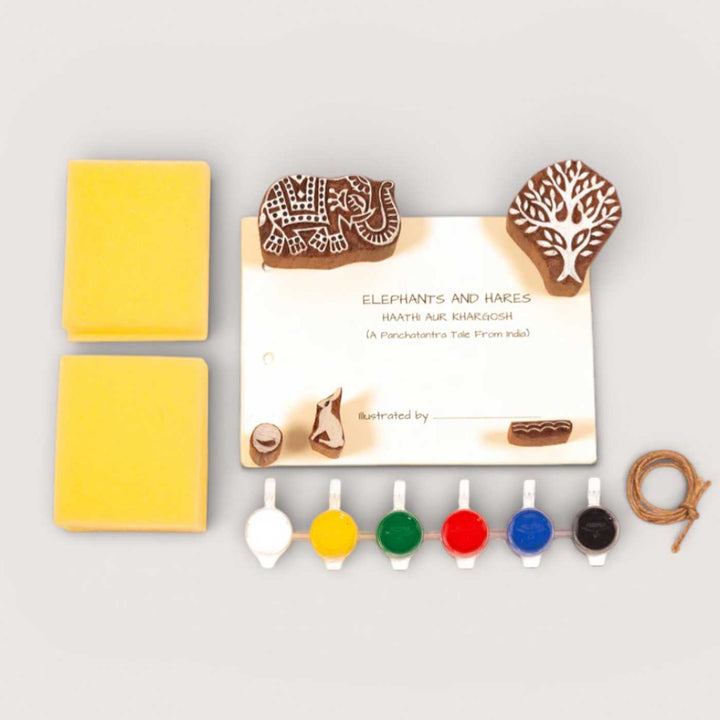The Elephants and Hare Panchatantra Block Printing DIY Kit | 5 Stamps, Poster Colours, Painting Brush, Printing Pads, Story Cards  And Jute String