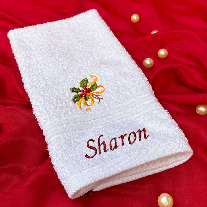 Personalized Stocking & Holly Leaves Embroidered Towel & Candle Hamper | Secret Santa Gift Ideas | Set Of 4