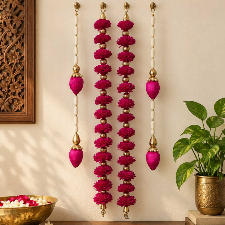 4 Pc | Handmade Mohani Magenta & Pink Sola Wood Flower Door Hangings with Lotus Bud Drops