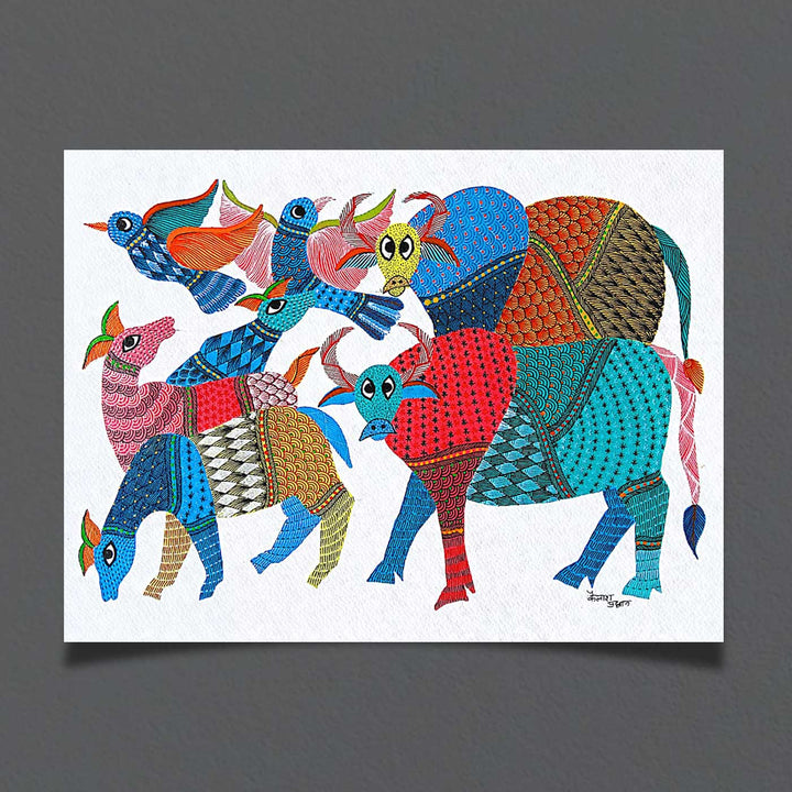 11 x 15 Inch | Colorful Cows and Birds in Harmony | Original Hand painted Tribal Gond Art Painting | Acrylic Paints On Paper
