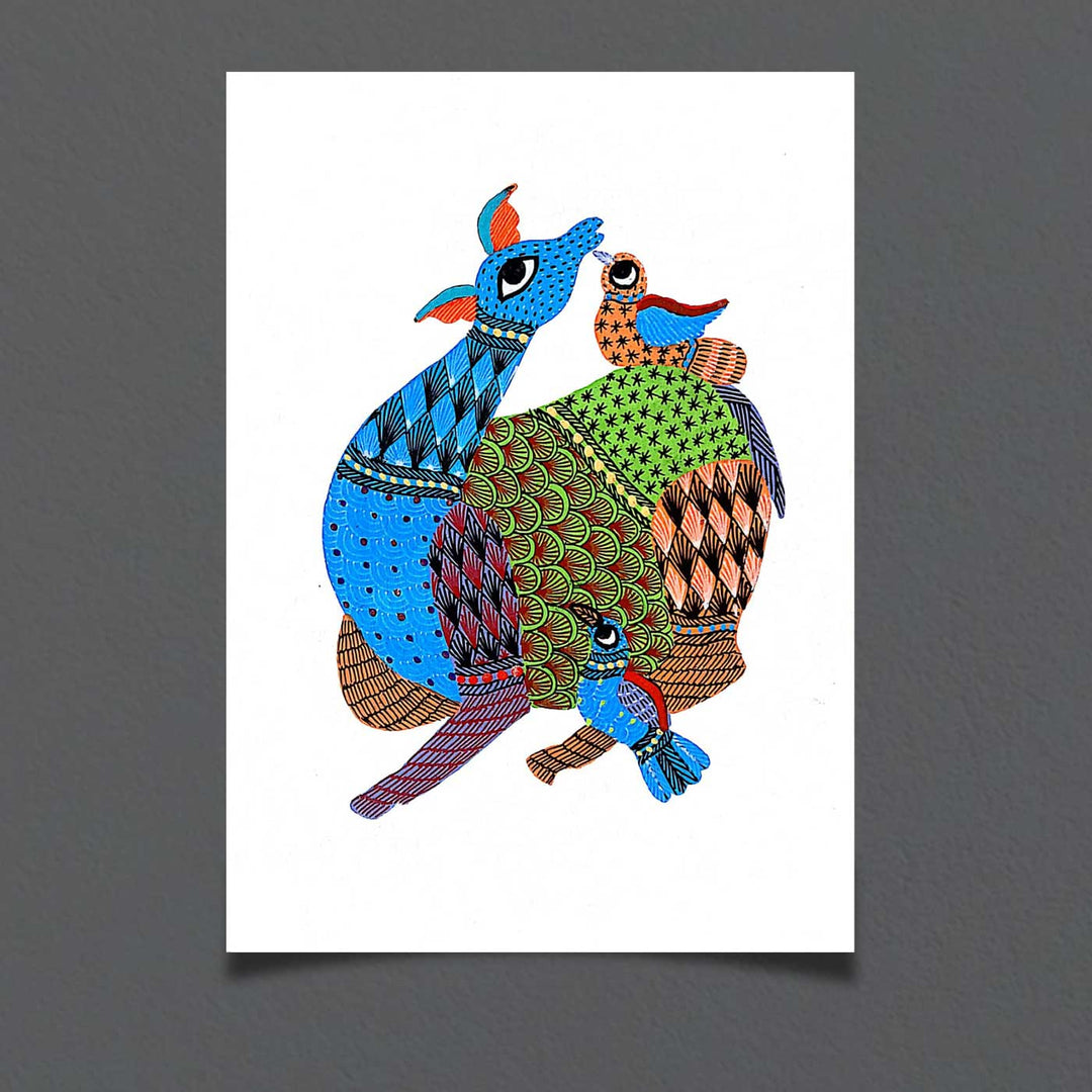 6 x 8 Inch | Deer & Birds | Original Hand painted Tribal Gond Art Painting | Acrylic Paints On Paper