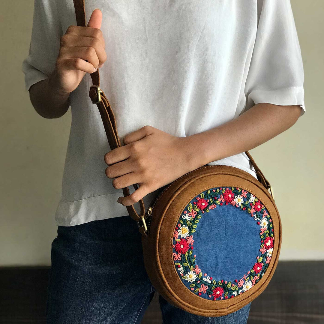 Personalized Embroidered Tan Brown Denim Floral Round Sling Bag