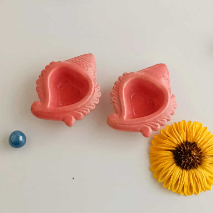 Set of 2 | Handmade Shankh Shape Ceramic Oil Lamp / Diya