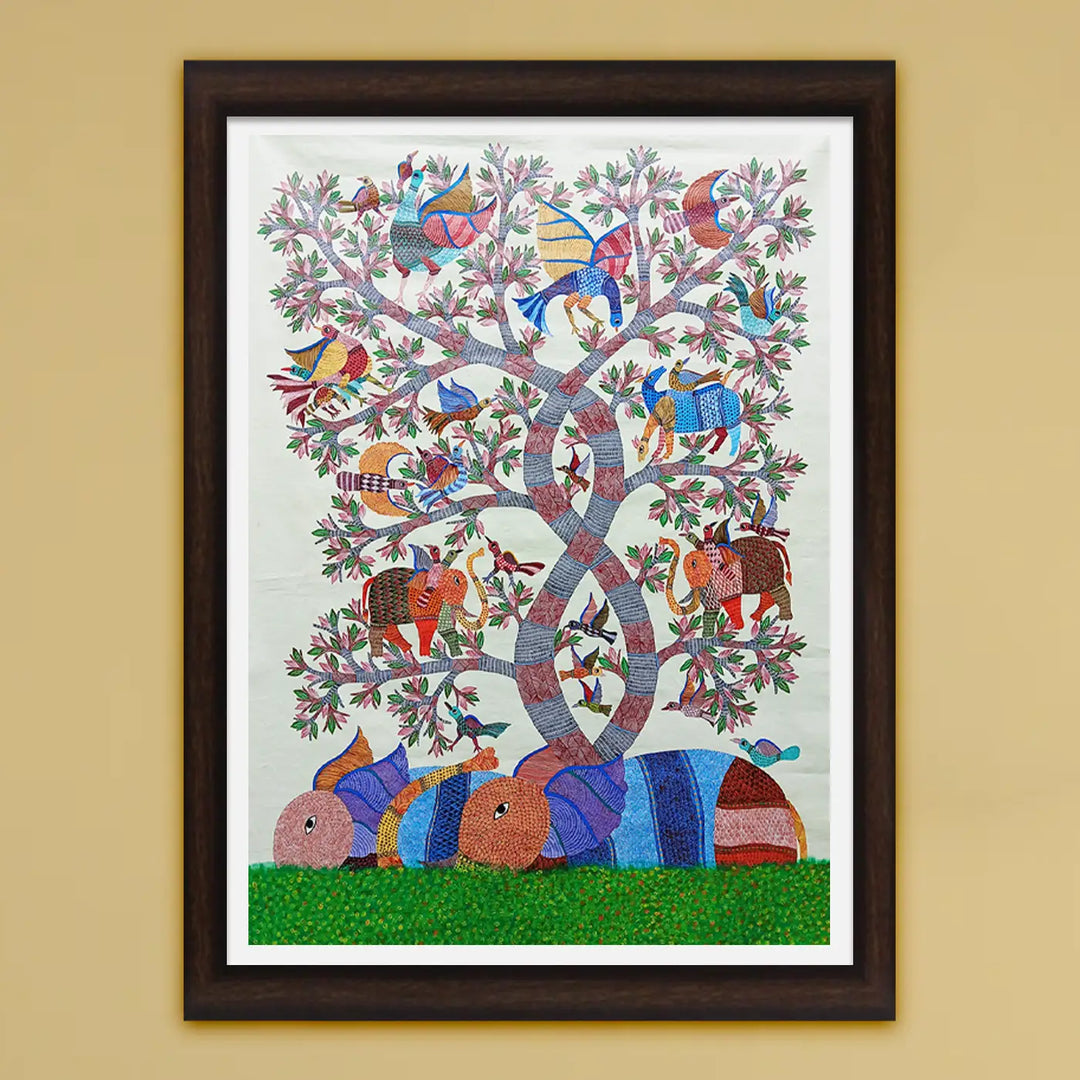 48 x 63 Inch | Rabbit & Birds | Original Hand Painted Tribal Gond Art Painting | Acrylic Paints On Canvas