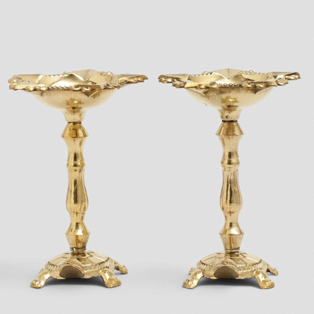 2 pc | Turtle Base Brass Kurma Oil Lamp With Tall Stand For Festive Decor