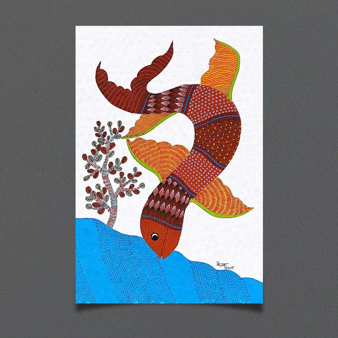 11 x 15 Inch | Fish Diving Into Water | Original Hand painted Tribal Gond Art Painting | Acrylic Paints On Paper