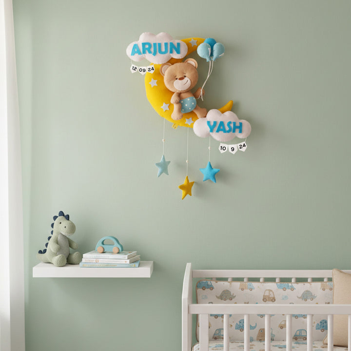 Hand-stitched Teddy Themed Felt Moon Nameplate with Birthdate For Kids