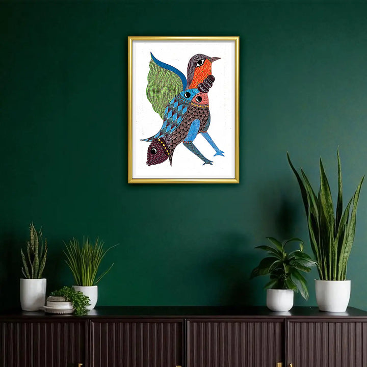 6 x 8 Inch | Feathers and Fins | Original Hand painted Tribal Gond Art Painting | Acrylic Paints On Paper
